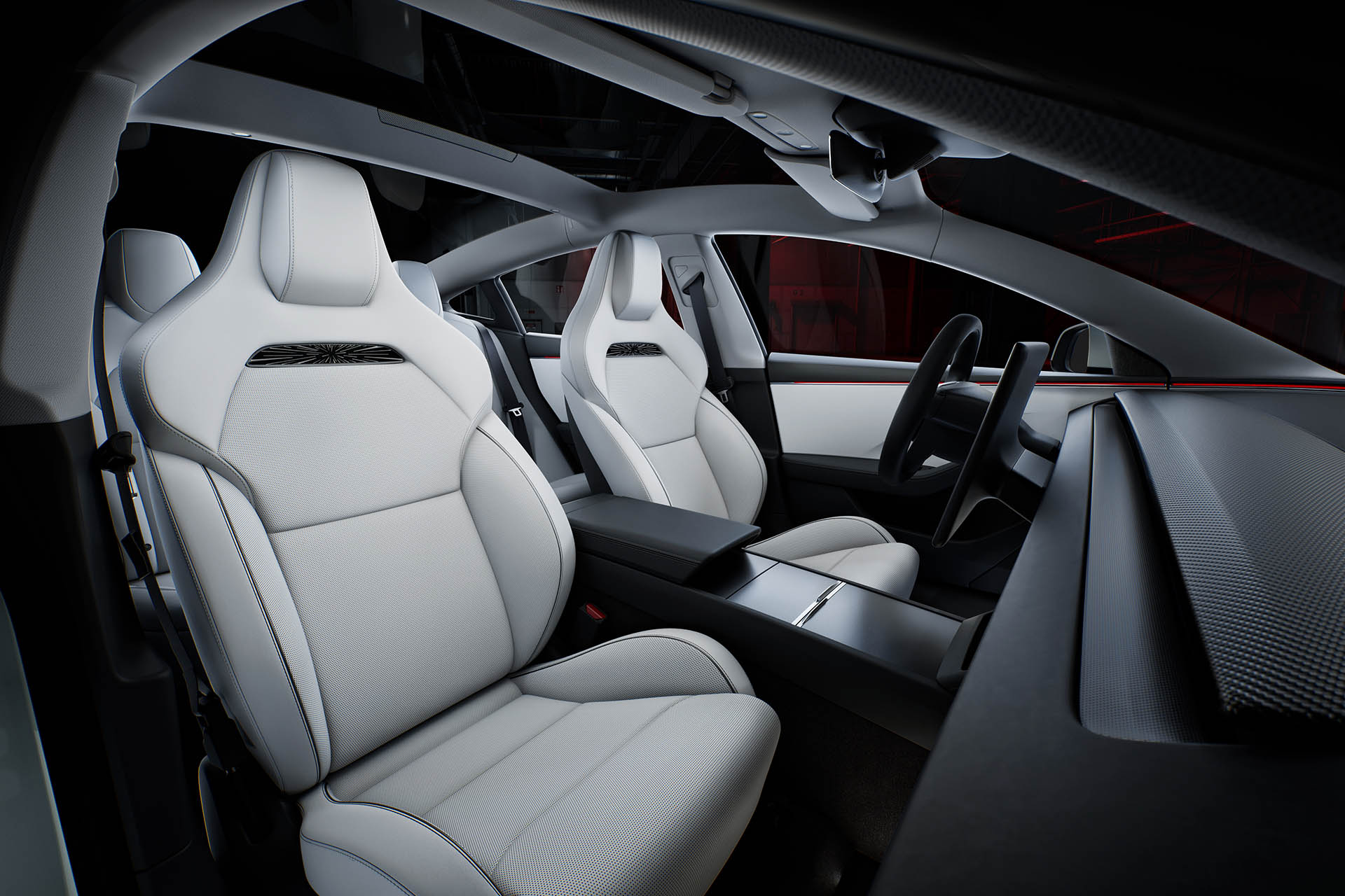 Tesla Model 3 Performance Highland sport seats with deep bolsters, integrated headrests, and perforated white upholstery.